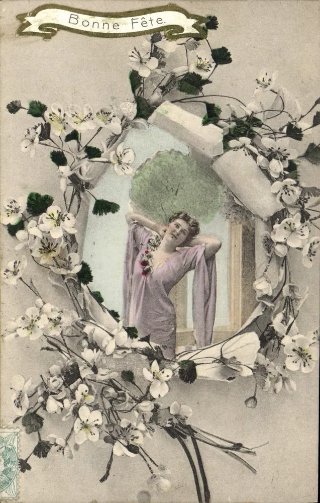 Frau in floraler Rahmung — Frohe Geburtstage — Serie 1984, veröffentlicht in Langres - Vorderseite