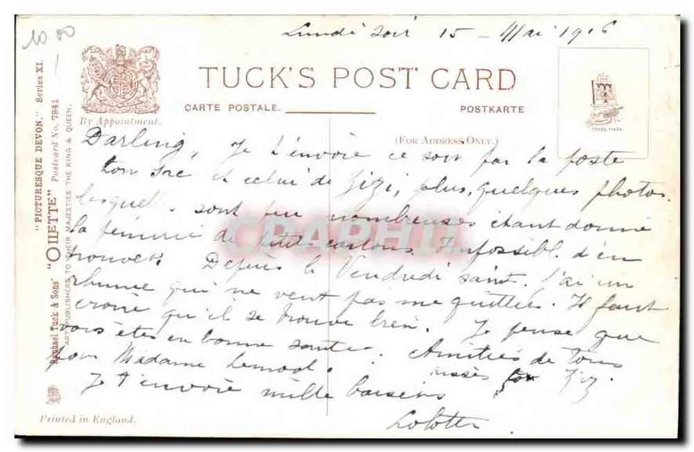 Um riacho da floresta, Devon — pintura de Orletty — editor Tuck's Post Card - Verso