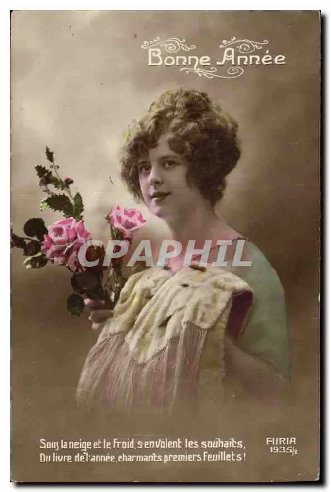 Junge Frau mit Rosen — Frohe Neujahr 1935 — Furia - Vorderseite