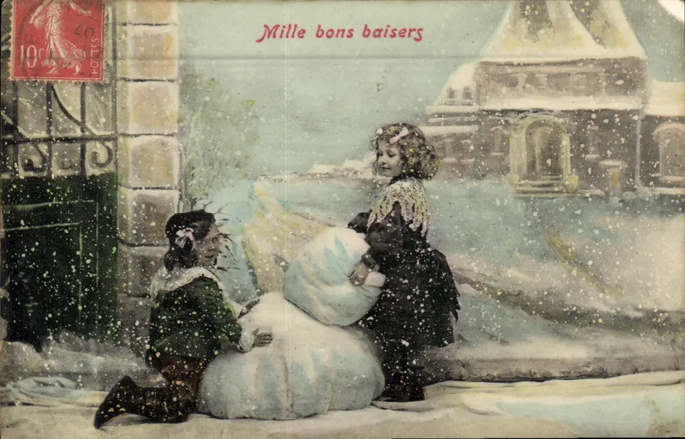 Dois crianças brincando com um homem de neve — cena invernal — editor não identificado - Frente