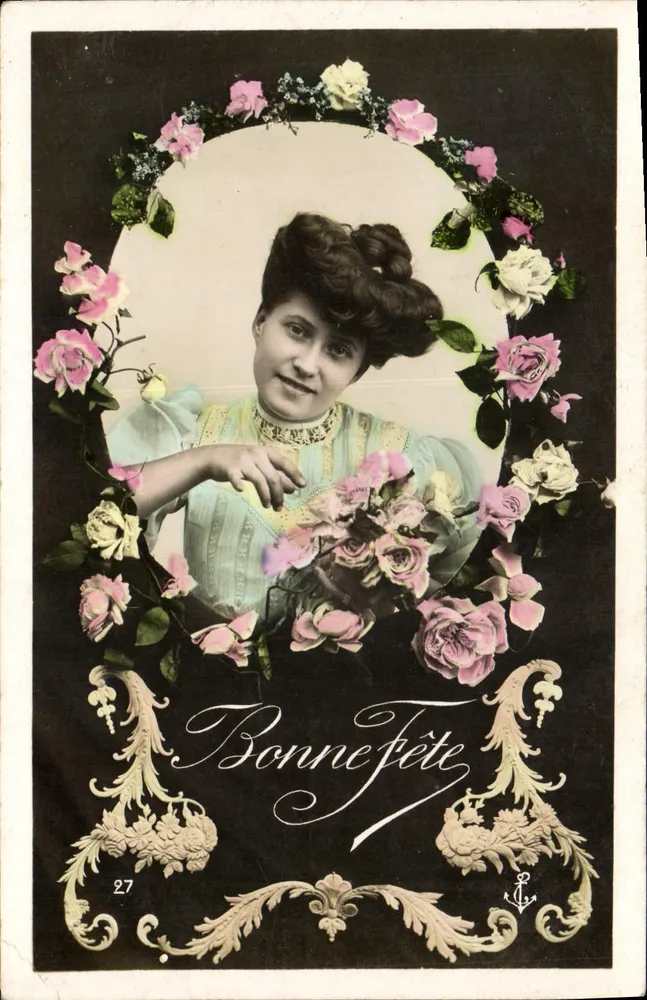 Frau in hellen Kleidern — Blumenrahmen — anonymer Verlag, Nr. 27 - Vorderseite