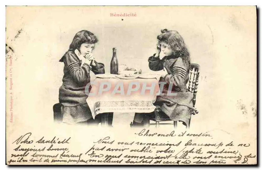 Duas jovens à mesa — Bénédicité — Edição Temática A. Bergeret e Fils, Nancy - Frente
