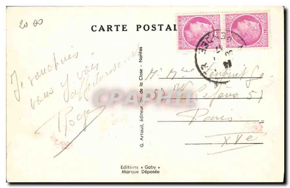 O Passage do Goa — cena humorística com personagens e carruagem — G. Artraud, editor da Closerie, Nantes - Verso