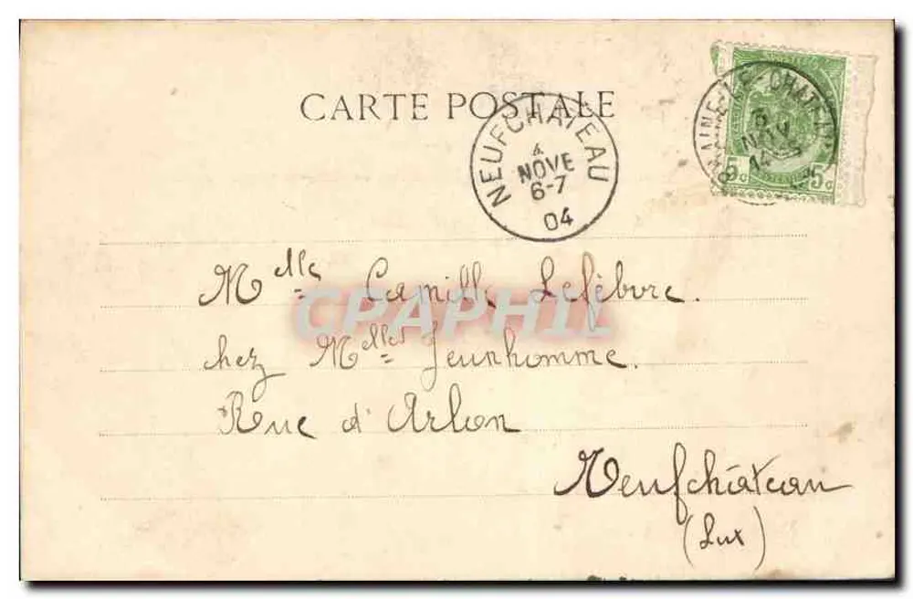 Jovem mulher com chapéu de palha segurando um buquê — Neufchâteau, 6-7-04 — Carta postal - Verso