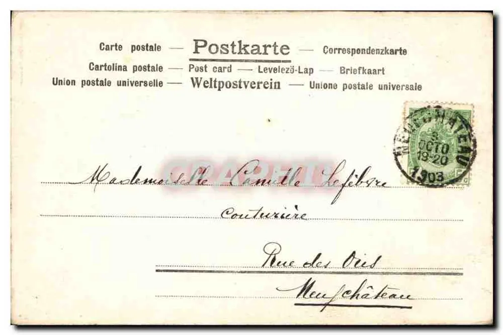 Retrato caricatural de um homem negro — editor D.V.D. n° 6368 — Neußchâteau, 3 de outubro de 1903 - Verso