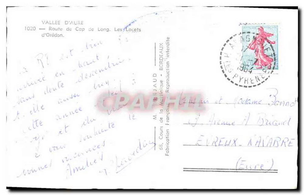 Vale de Aure — Estrada do Cap de Long, Les Locets d'Orédon — M. LERJAUD, Fabricação Francesa - Verso