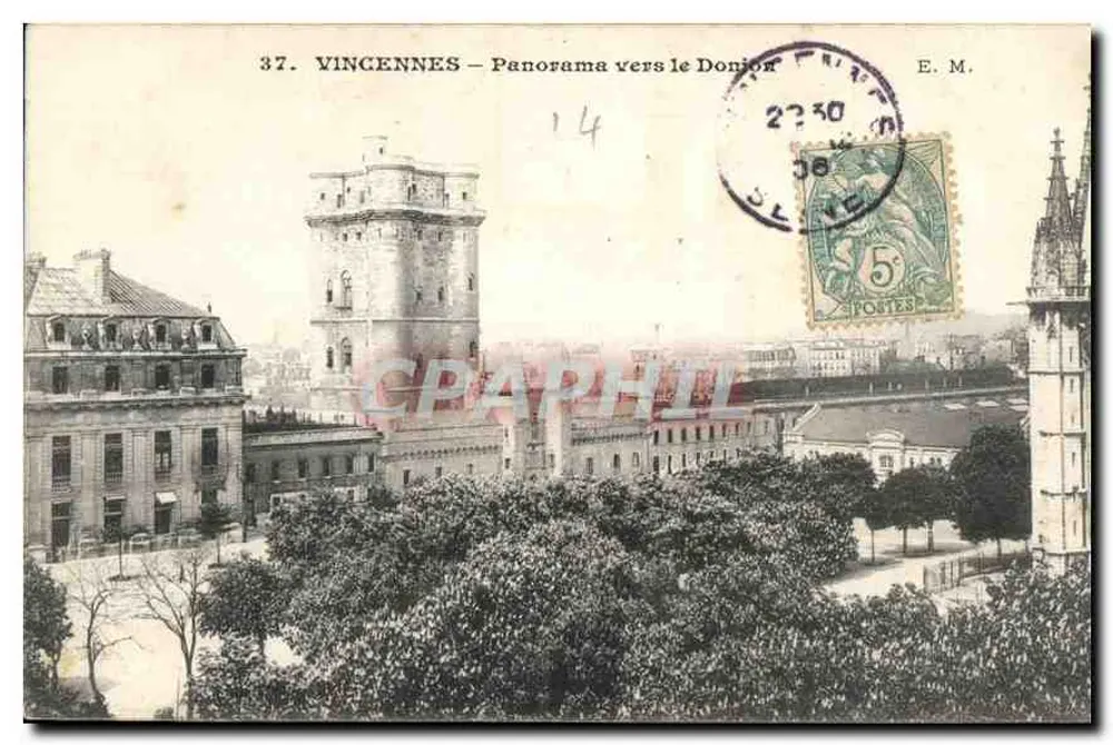 Vincennes — Panorama vers le Donjon — E. M. (éditeur imprimé sur la carte) - Frente