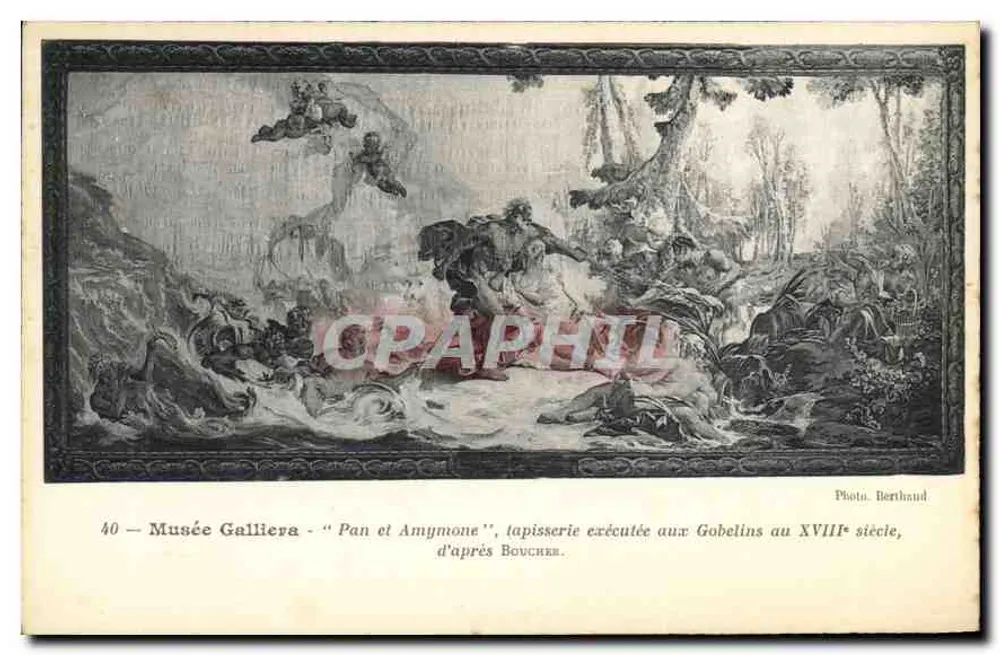 Museu Galliera — Pan e Amymone, tapeçaria inspirada em Boucher, executada pelos Gobelins no século XVIII — Foto Berthand - Frente