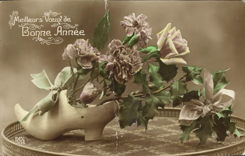 Blumen in einem Schuh — Grußkarte — DIX 574 - Vorderseite