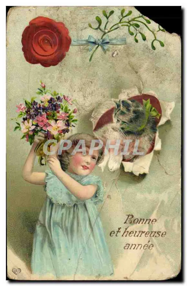 Bambina con mazzo di fiori — Buon anno e felice anno — editore non visibile - Recto