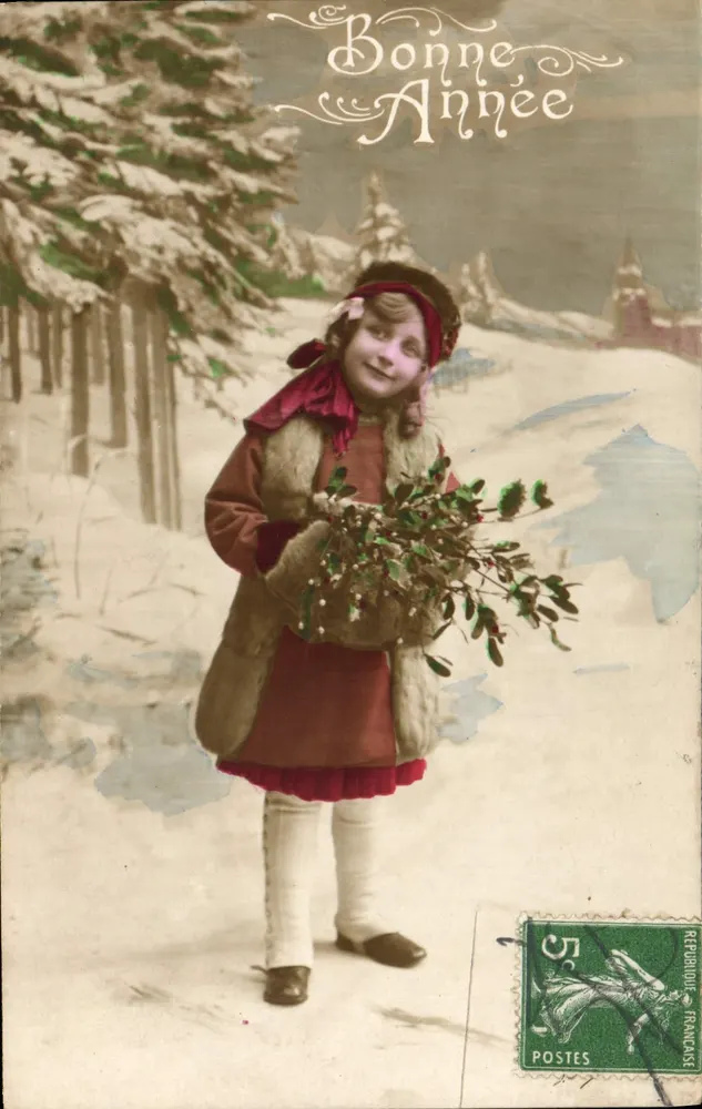 Meisje in winterkleding — Gelukkig Nieuwjaar — Franse Post - Voorkant