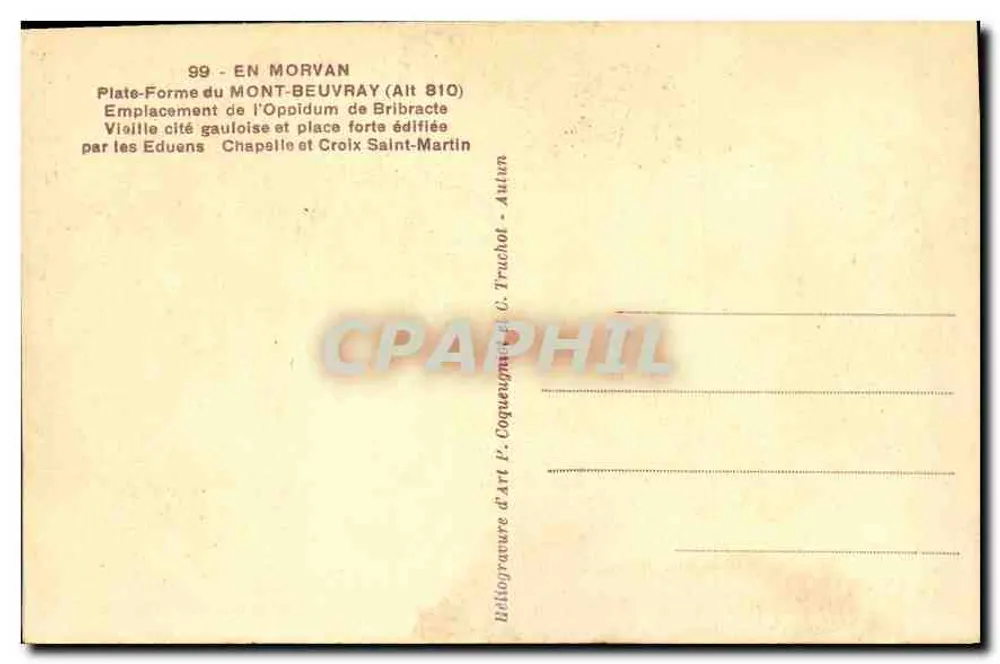 Mont-Beuvray — Plataforma do oppidum de Bribracte — Editor P. Coqueugnies & C. Truchot - Verso