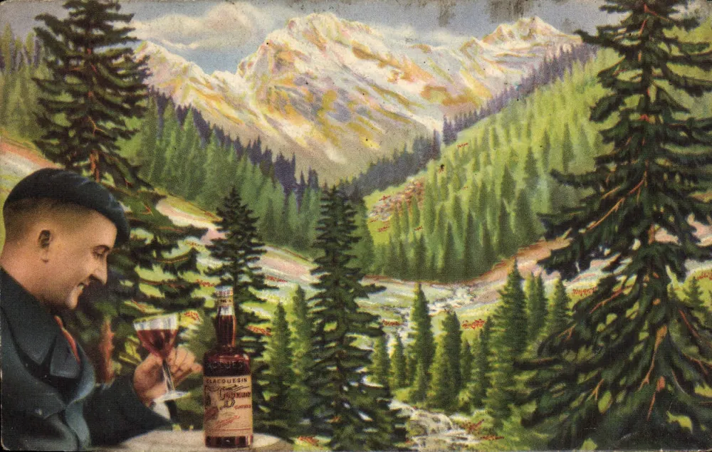 Man die een aperitief drinkt — sneeuwbedekte bergen en bos — reclame voor Clacquesin - Voorkant