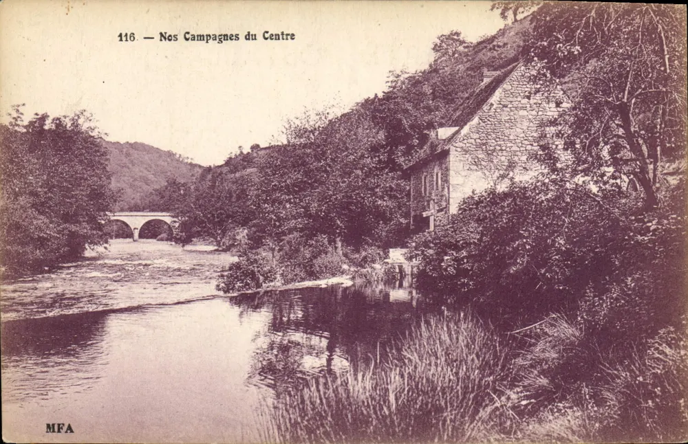 Paisagem fluvial com ponte e casa de pedra — Nos Campagnes du Centre — MFA, n° 116 - Frente