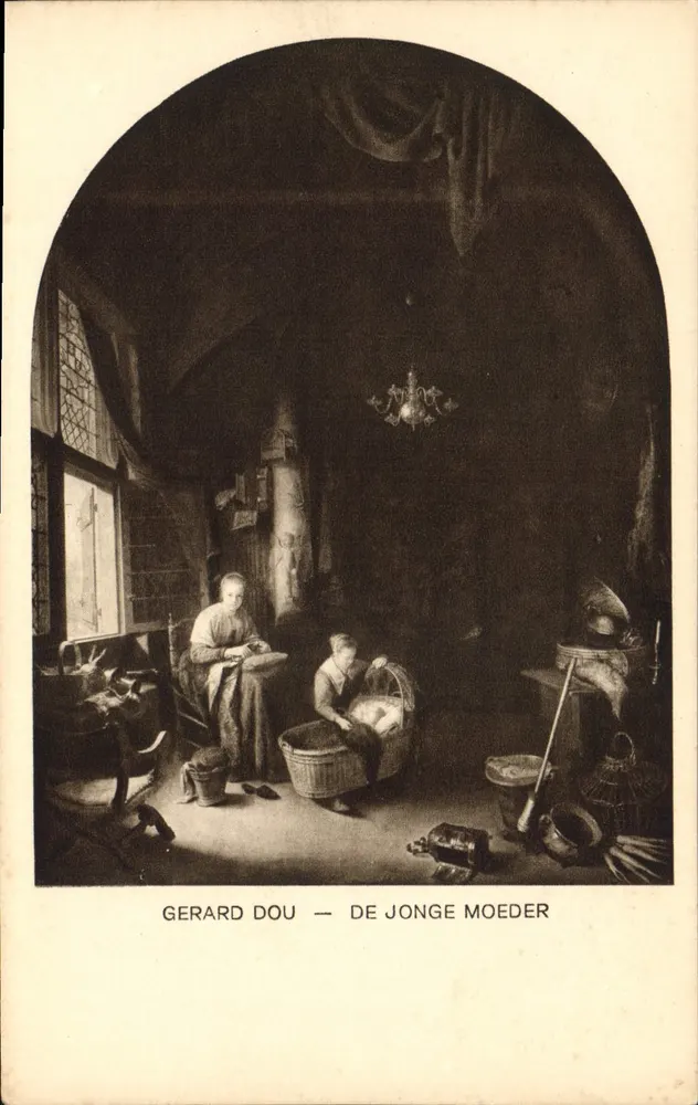 A jovem mãe — reprodução de uma pintura de Gerard Dou — editada por Weenen en Snel, Den Haag - Frente