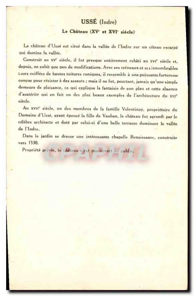 USSÉ (Indre) — O Castelo (séculos XV e XVI) — Coleção da Solution Pauaubeerge, 2ª Série - Verso