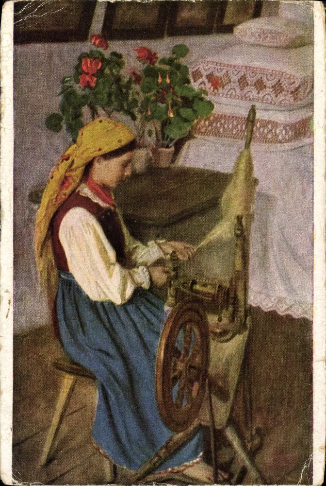 Frau, die am Rad spinnt — polnische Lebensszenen — Verleger Wydaw. Słowo Katolickie, München - Vorderseite