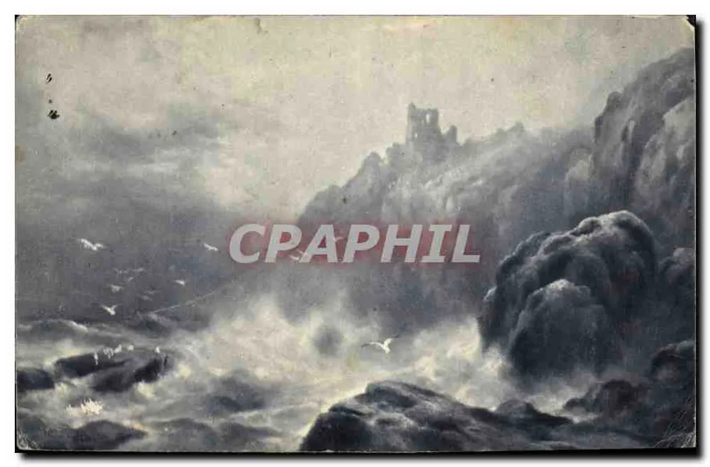 Château ruiné sur falaise — vue dramatique avec vagues et oiseaux — éditeur Rembrandt-Gravure, n° 5632 - Frente