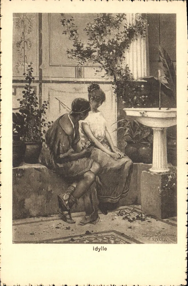 Idílio — cena de casal em um jardim — Louis Barronni, Roma - Frente