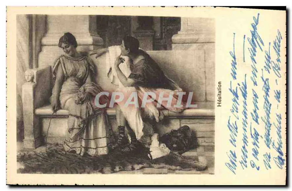 Hesitação — cena de duas mulheres em traje antigo — editor E. Mauclaire, número de série não visível - Frente