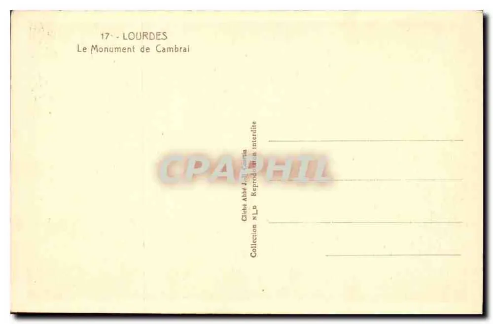 Lourdes — O Monumento de Cambrai — editor desconhecido, n° 17 - Verso