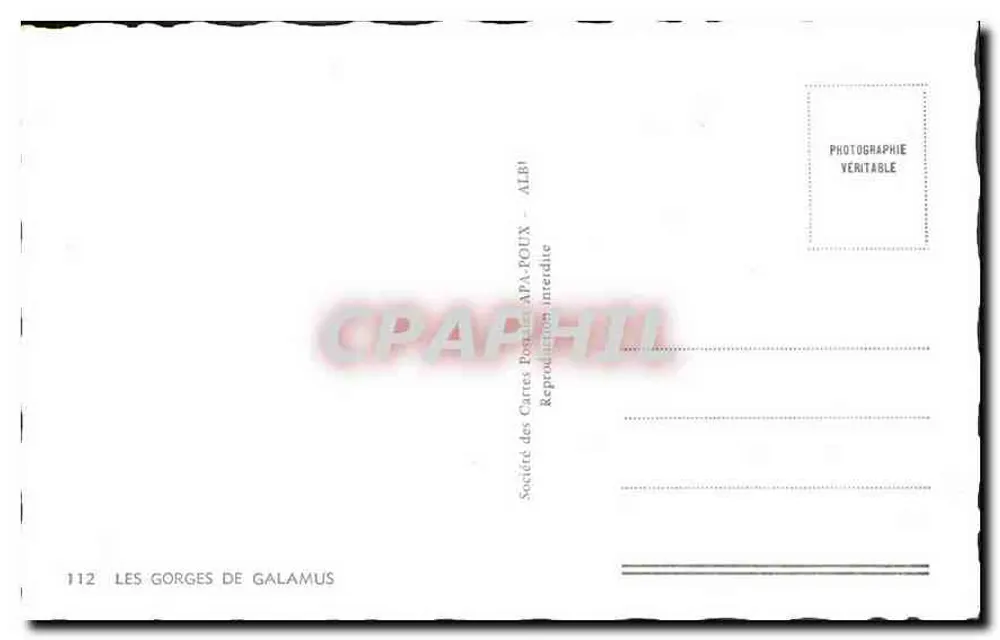 As Gorges de Galamus — vista panorâmica — Sociedade das Cartas Postais APA-POUX, Albi, n°112 - Verso