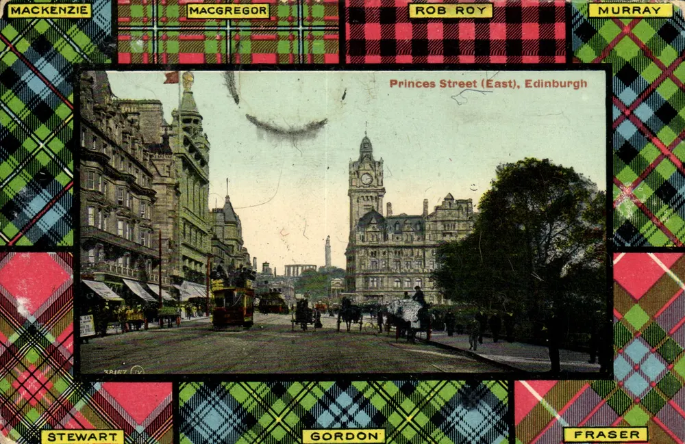 Princes Street (East), Edinburgh — städtische Ansicht mit Straßenbahn und Uhr — Verleger SPRIEZ, Serie Valentine's Series - Vorderseite