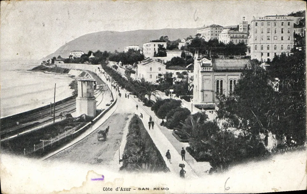 Costa do Azul - San Remo — vista da promenade e do Hotel Royal — editor Staerck, Paris - Frente