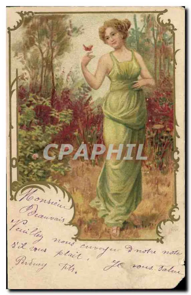Mulher em vestido verde em um jardim — editor desconhecido, n° 1024 - Frente
