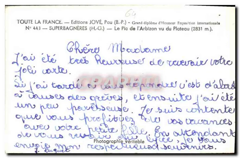 Der Pic de l'Arbizon von der Ebene aus gesehen — Superbagnères — Éditions JOVÉ, Pau - Rückseite