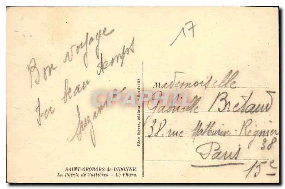 La Pointe de Vallières — Der Leuchtturm — Saint-Georges-de-Diddonne, Verlag Bloc Frères — Bordeaux, Nr. 17 - Rückseite