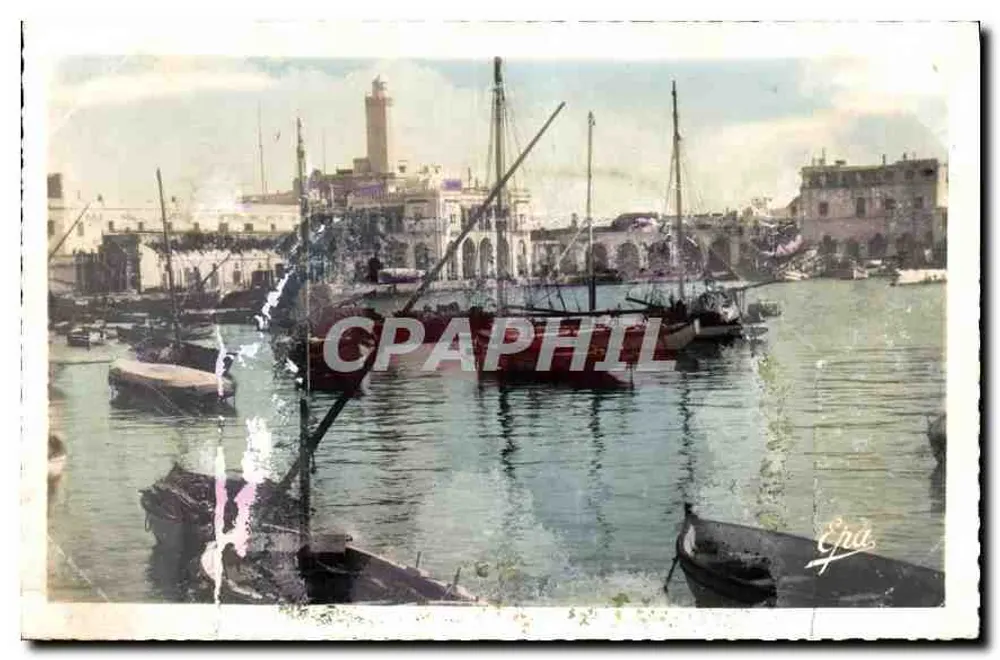 Porto de Argel — vista do porto com barcos e minarete — Editor L'Amirauté, Argel - Frente