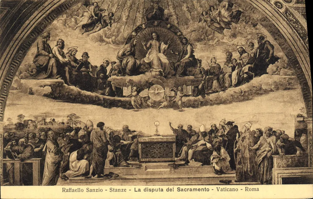 Die Disputation des Sakraments — Fresko von Raphael Sanzio — Vatikanische Räume — Rom - Vorderseite