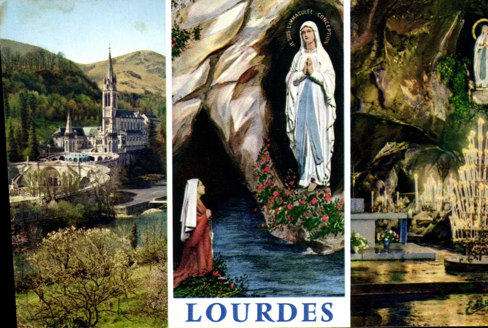Lourdes — vista panorâmica, aparição da Virgem e gruta — Édition A. Dreyfus, n°5 - Frente