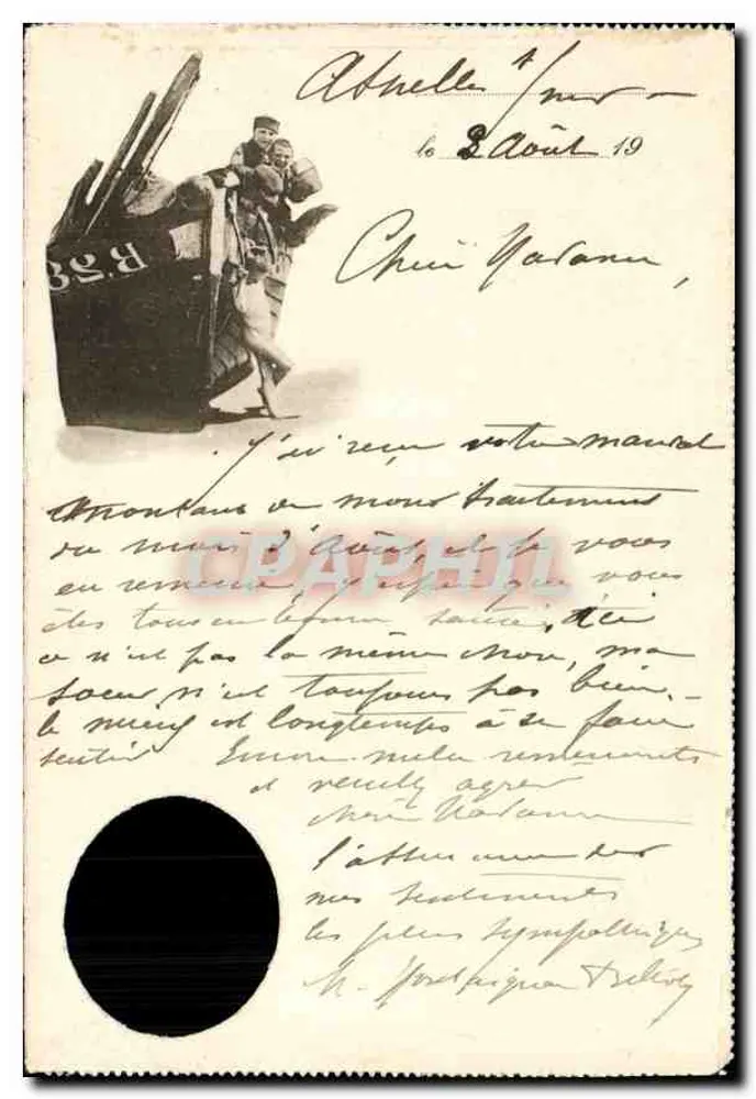 Soldado a cavalo — ilustração — carta postal datada 2 de agosto de 1919 - Frente