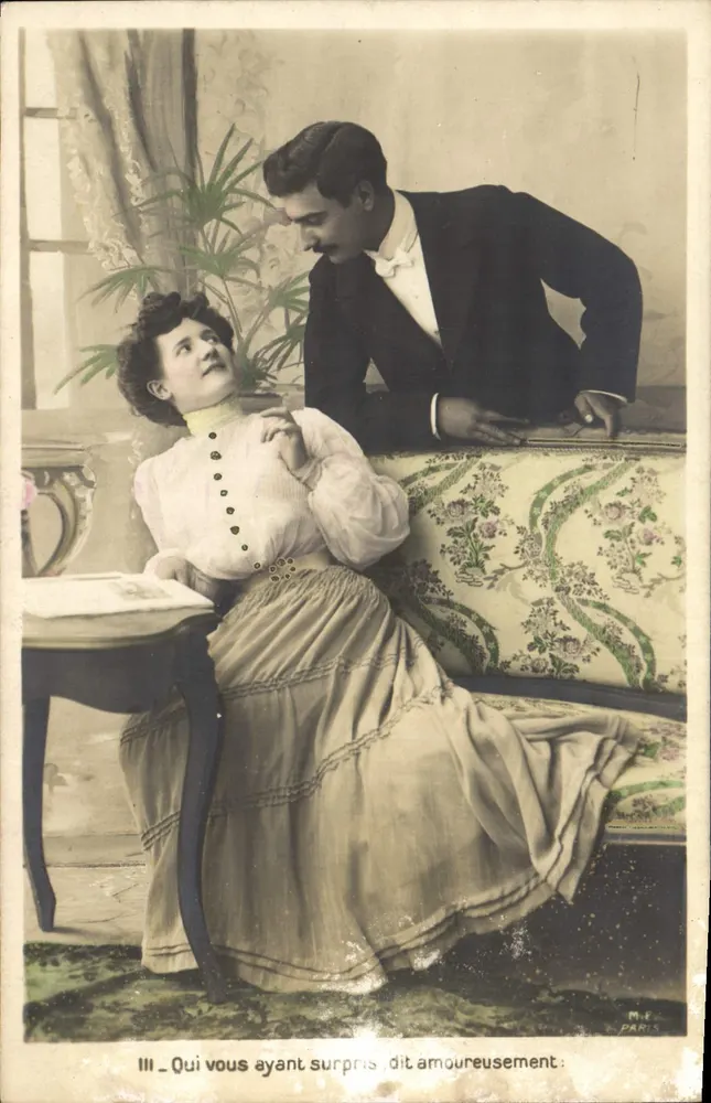 Scène amoureuse — couple dans un intérieur — éditeur M.F. PARIS, n° III - Frente