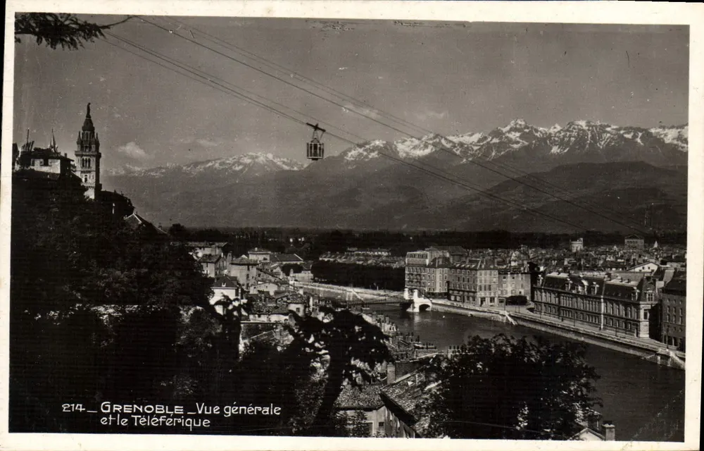 Grenoble — Vista general y el Teleférico — Editor C. Rau de Grenoble, n° 214 - Anverso