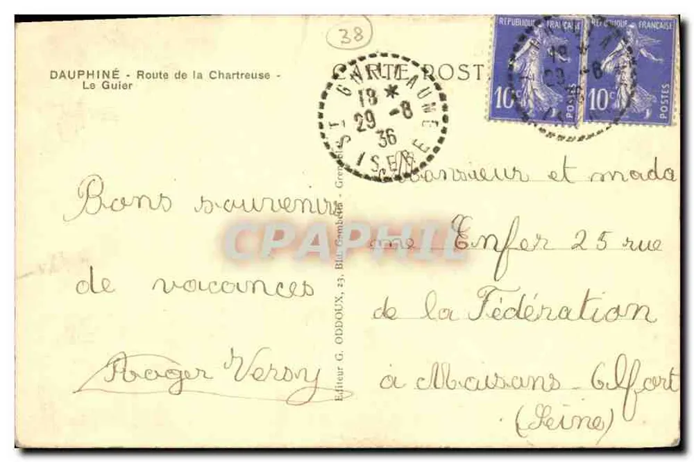 Cachoeira do rio em um canyon florestal — Dauphiné, Le Guiier — Editor G. Odderous, n°38 - Verso
