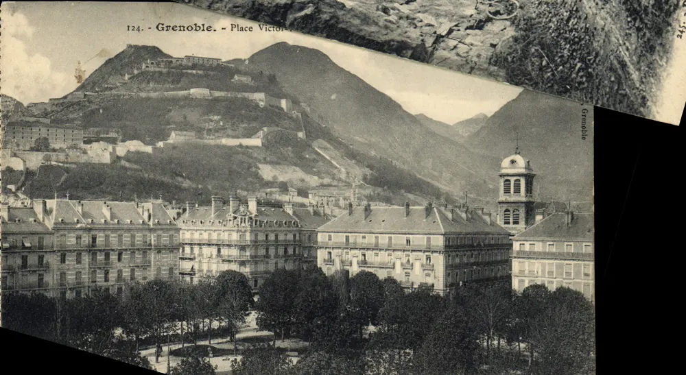 Grenoble - Praça Victor — vista panorâmica com o castelo na colina — editor não identificado, n° de série 124 - Frente