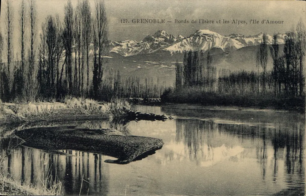 Grenoble — Ufer der Isère und die Alpen, die Insel der Liebe — P. Gaude, phot. - Verlag Grenoble - Vorderseite