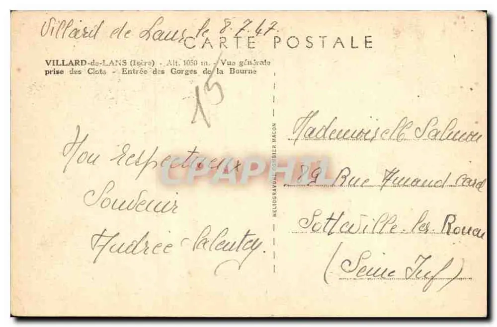 Villard-de-Lans (Isère) — Vue générale prise des Clots — Entrée des Gorges de la Bourne — Héliogravure C. Magon - Verso