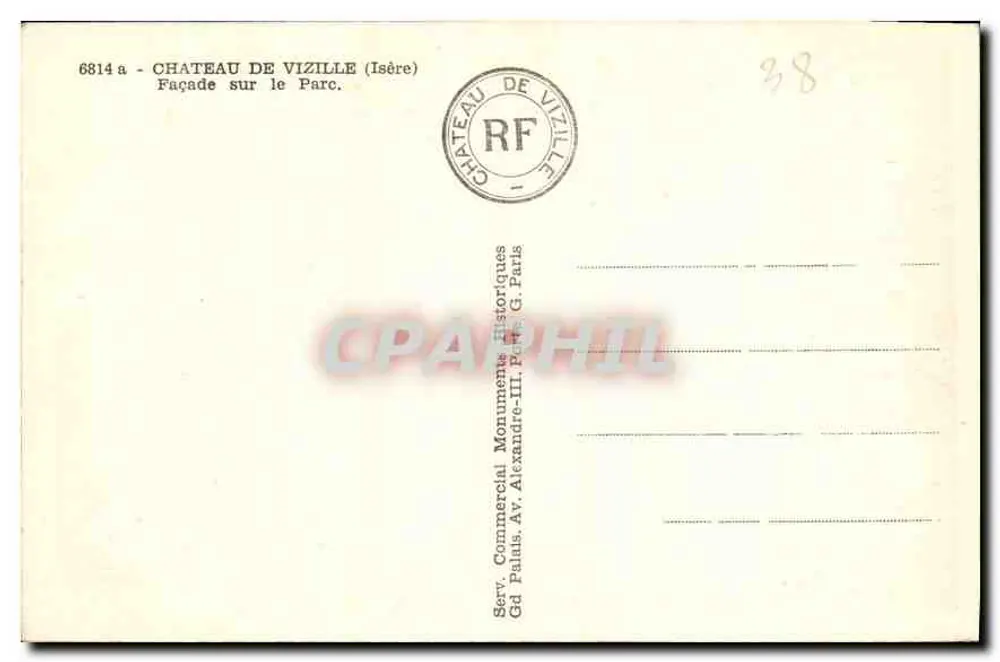 Castelo de Vizille — Fachada sobre o parque — Serr. Comercial Monuments Historiques, Paris - Verso