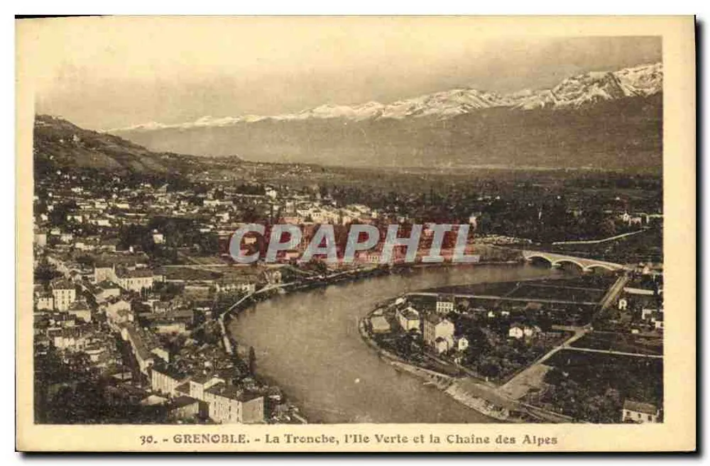 Grenoble — La Trenche, die grüne Insel und die Alpenkette — Éditions M. Bourcier, Grenoble - Vorderseite