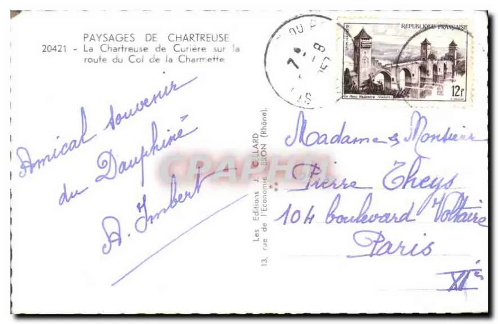Die Chartreuse von Curière — Route du Col de la Charmette — Les Éditions J. C. LARD - Rückseite