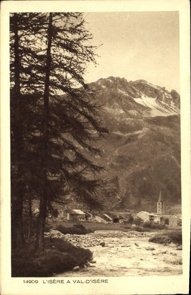 O Isère em Val-d'Isère — vista do vilarejo e das montanhas nevadas — série 14909, editada por Braun & Cie - Frente