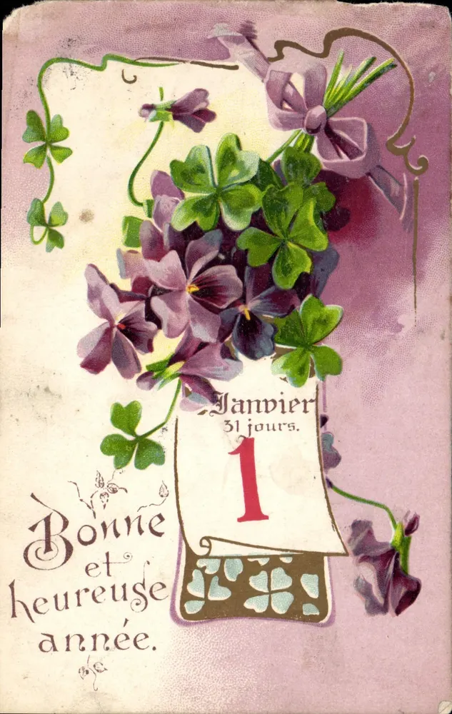 Flores de violetas e trevo — Boa e feliz ano — editor não visível - Frente