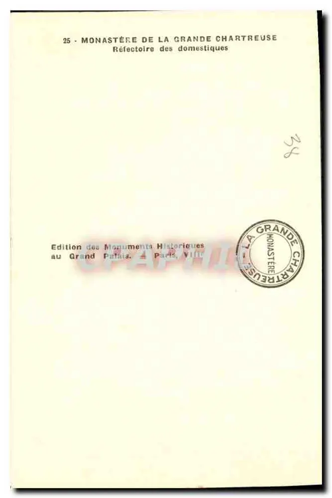 Monastère de la Grande Chartreuse — Refectoire der Dienstboten — Édition des Monumenta Historiques, Paris - Rückseite