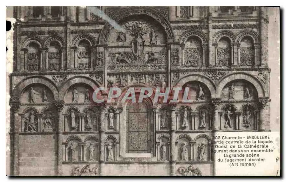 Angoulême - Zentrale Teil der Fassade der Kathedrale mit der großen Szene des Jüngsten Gerichts (romanische Kunst) - Vorderseite