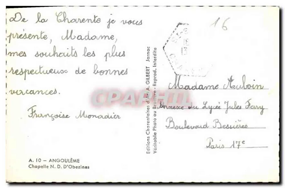 Igreja de Santa Maria de Charente — vista da fachada — Edições Charentaisas de A. Gilbert, n°10 - Verso