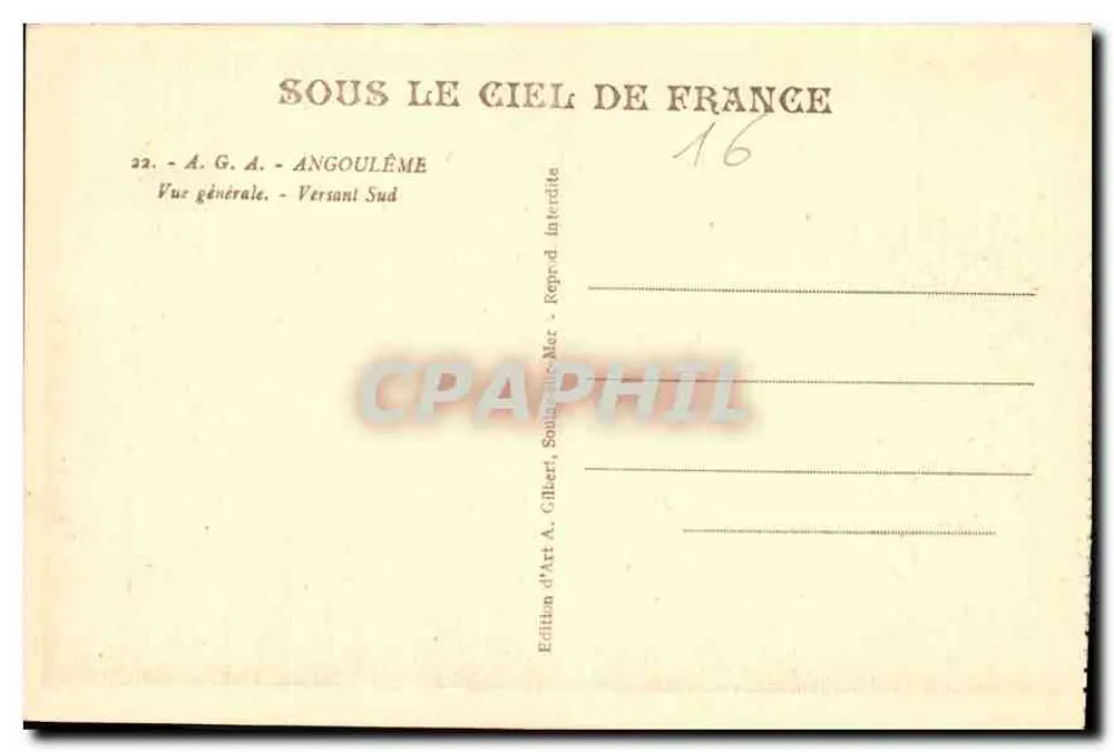 Angoulême — Vista Geral — Versante Sul — Edição de Arte A. Gilber, Soula-sur-Mar - Verso